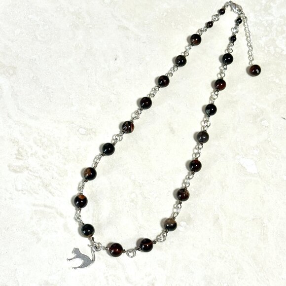 Genuine Dark Brown Agate Necklace, Natural Gemstone & Cute Slim Cat Pendant - Picture 7 of 15